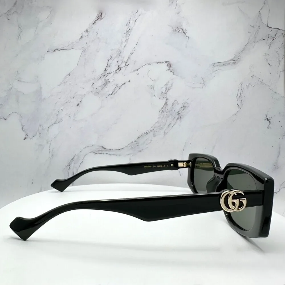 New Gucci Sunglasses Black Square Rectangular Gold Interlocking GG Metal Logo